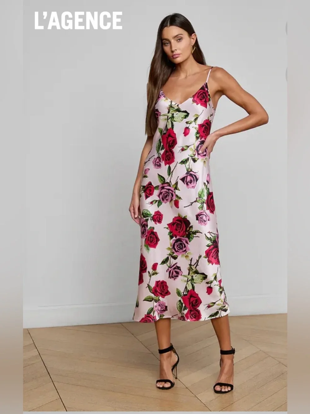 L'AGENCE Seridie silk slip dress. Pink Floral Slip Midi Dress with Rose Print